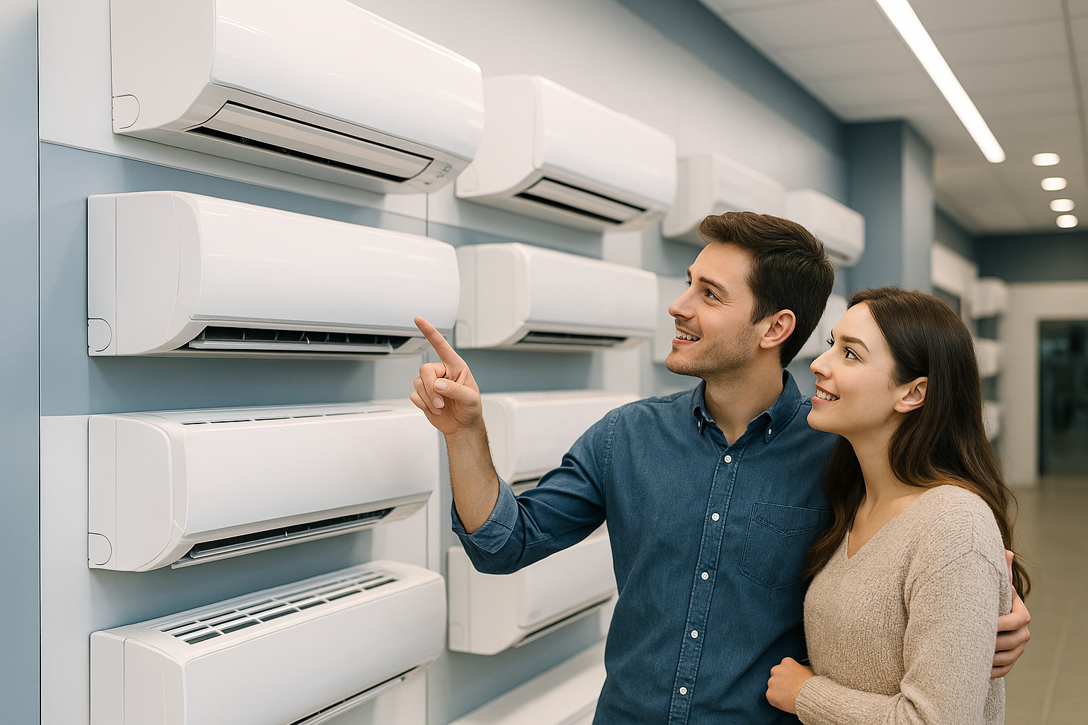 A couple inside a shop looking at air conditioners displayed on the wall