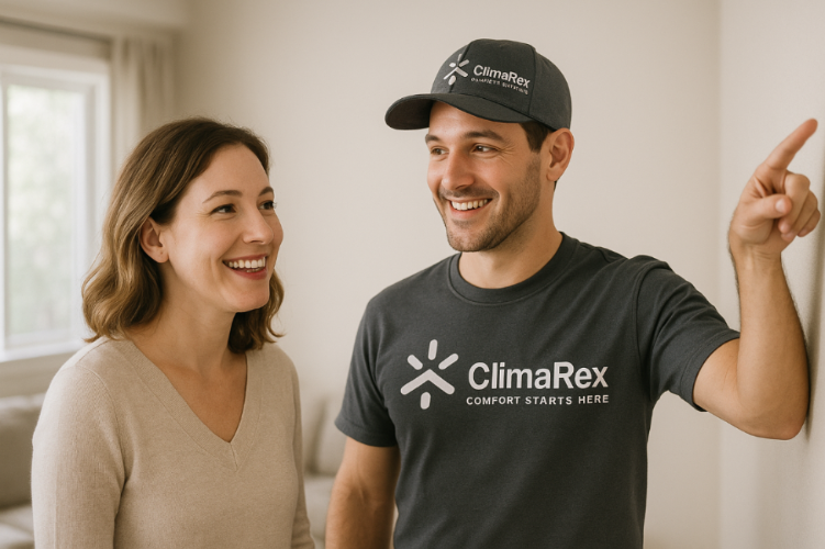 A happy homeowner consulting with an HVAC technician wearing ClimaRex branded clothing, discussing air conditioner installation options in a living room
