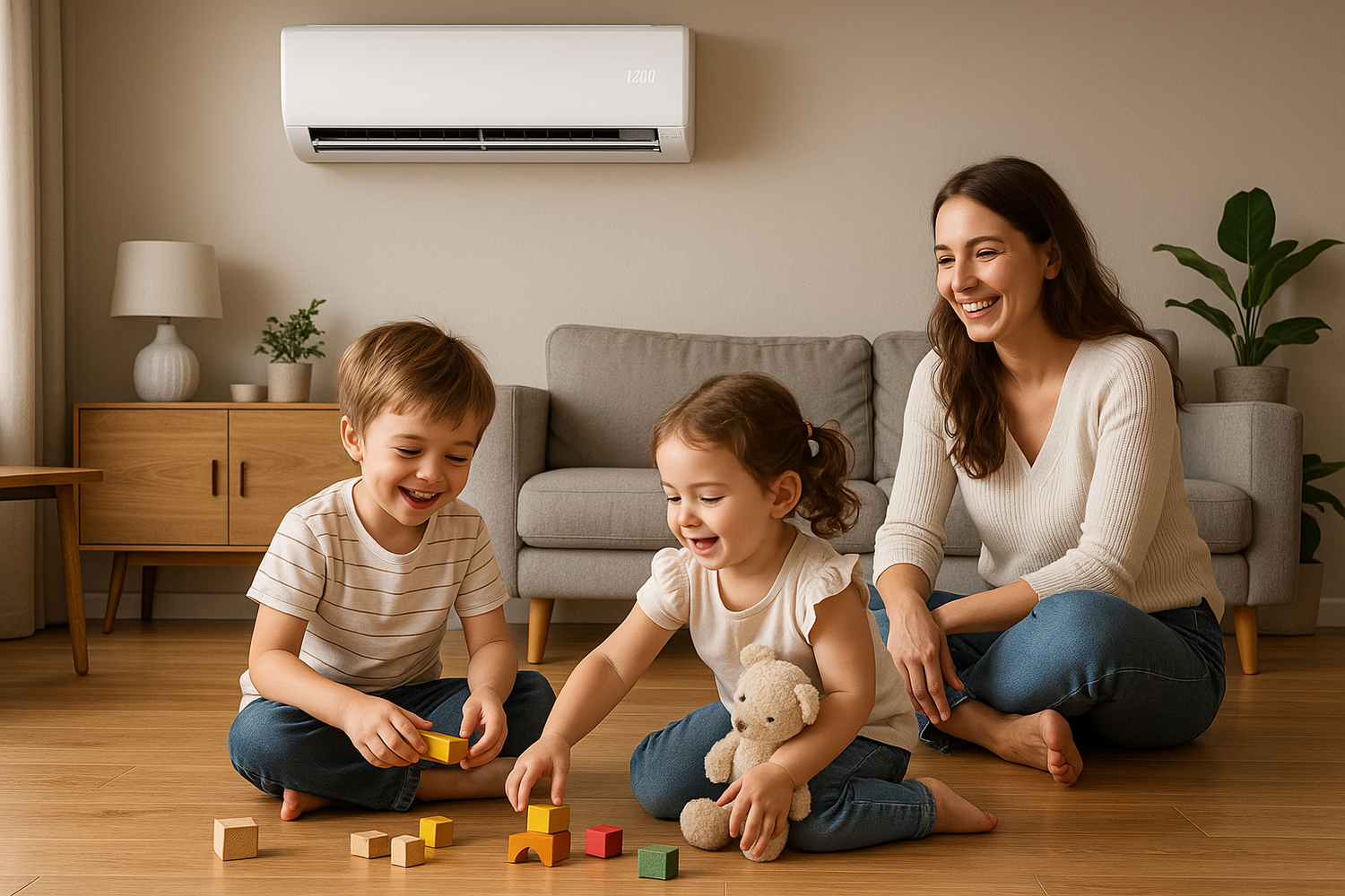 A realistic image of a 12000 BTU high wall split air conditioner mounted on the wall of a small, stylish living room with two children playing on a wooden floor while their mother watches happily
