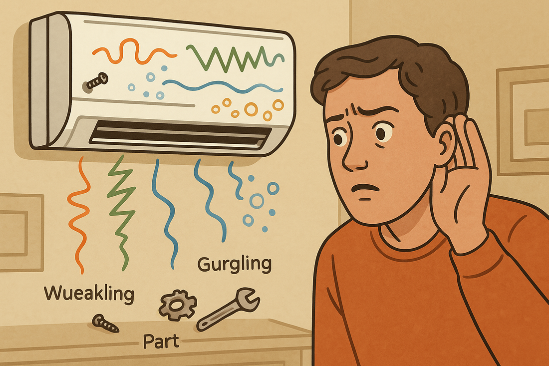 Изображението перфектно илюстрира темата на вашата статия, показвайки човек, който внимателно слуша необичайните звуци от климатика си. 