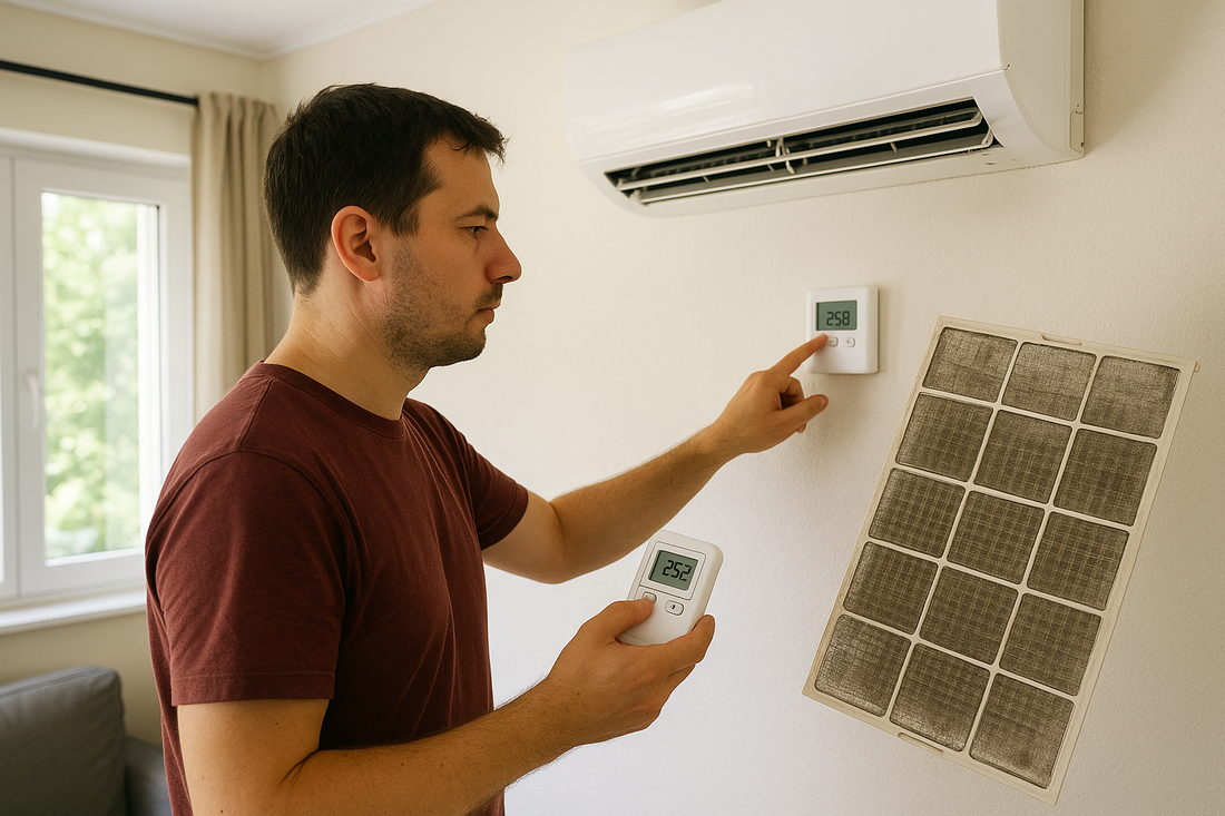 Показва човек, който методично проверява климатика си, фокусирайки се върху основните стъпки като настройка на термостата и проверка на филтрите