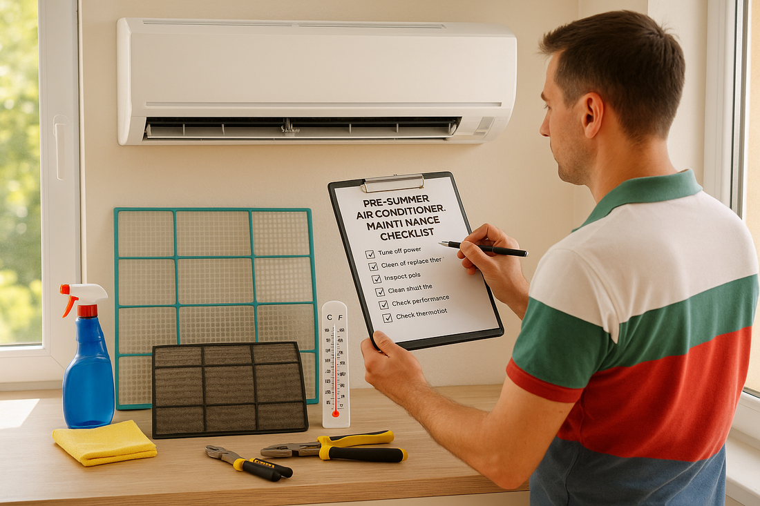 Изображението перфектно илюстрира съдържанието на вашата статия, показвайки домакин, който систематично проверява климатика си преди настъпването на горещото лято. 