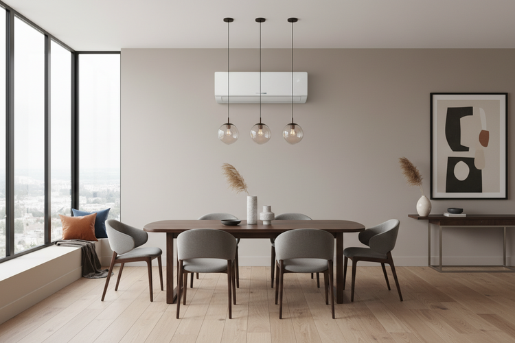 an image of a stylish dining room with an air conditioner on the wall 13000 BTU