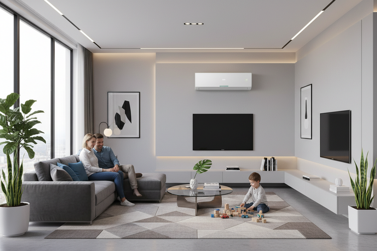 an image of a family of three in a stylish living room with a 16000 BTU air conditioner on one of the walls