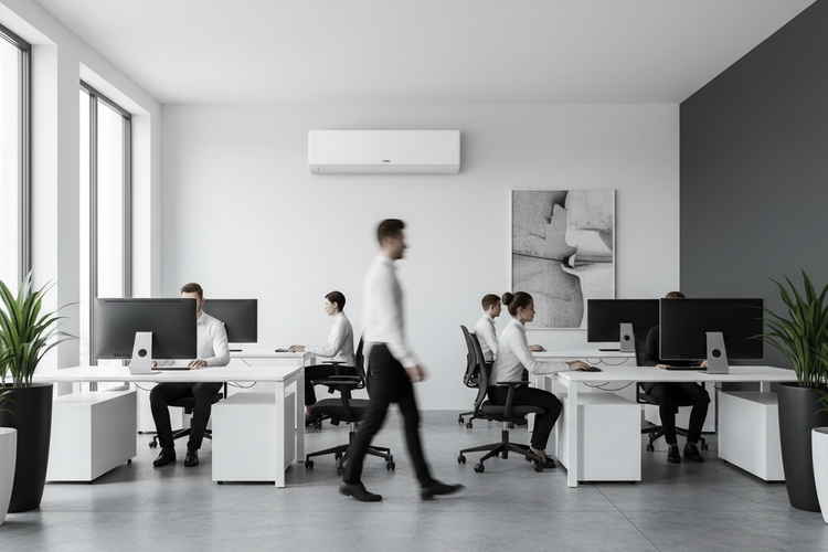 an image of an office where people are working and there is a 22000 BTU air conditioner on the wall
