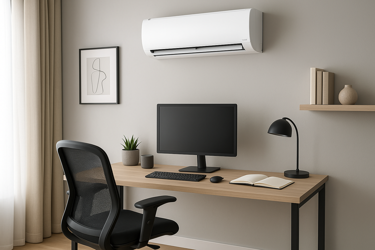 Компактен 7000 BTU климатик, монтиран на стената в стилен домашен офис.