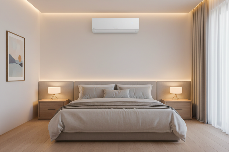 an image depicting a 10000 BTU air conditioner in a modern ambient bedroom