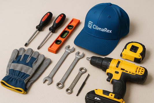 A set of tools for air conditioner installation with a ClimaRex branded hat